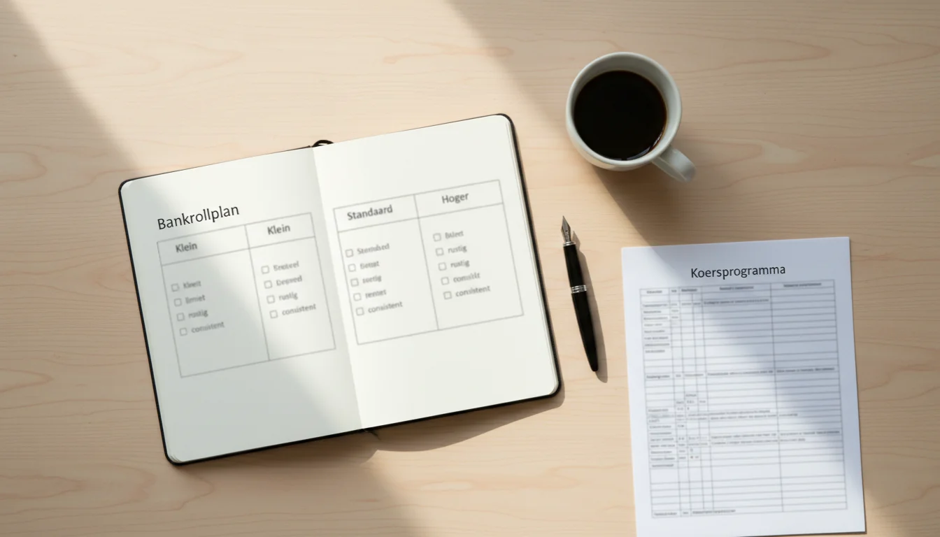 Bankroll management bij paarden wedden — hand schrijft budget in notitieblok met symbool € op tafel