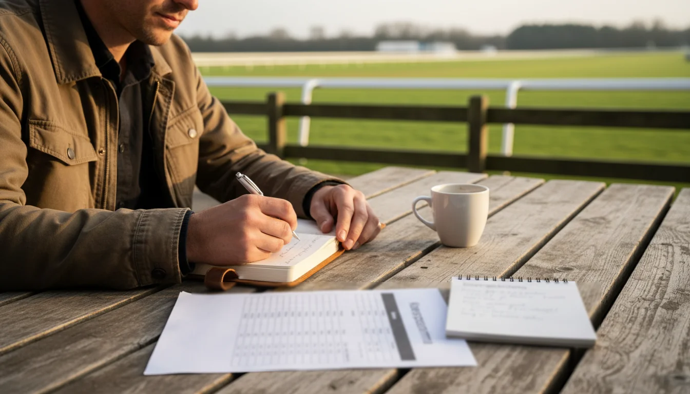 Dutch betting strategie bij paardenrennen — man berekent inzetten met notitieblok naast de renbaan