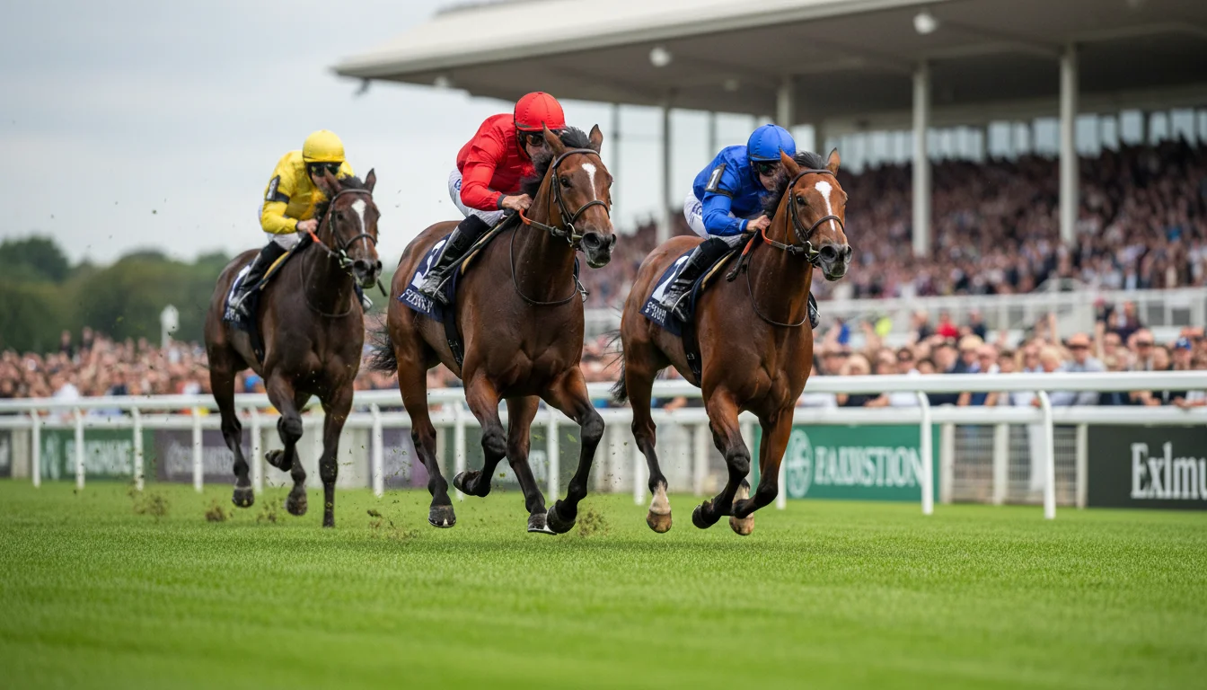 Exotic wagers bij paardenrennen — jockey op renpaard tijdens finish met meerdere paarden op de renbaan