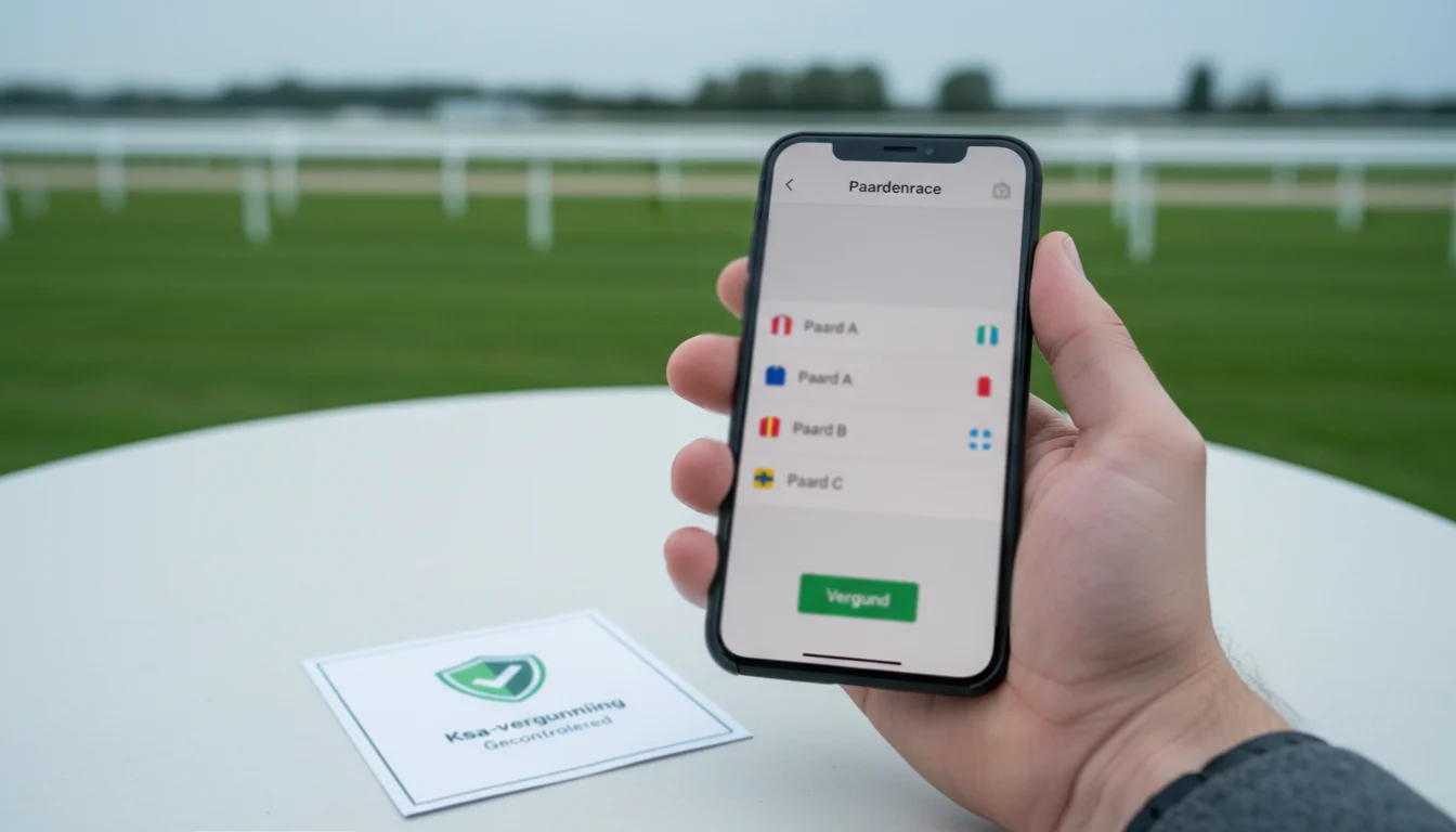 Legaal wedden op paarden in Nederland — smartphone met paardenrace app naast KSA-vergunningsbewijs