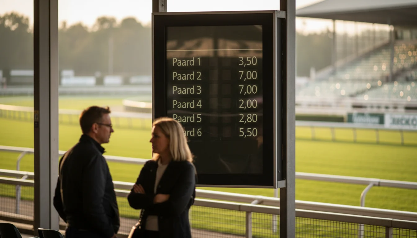 Odds berekenen bij paardenrennen — wedbord met quoteringen naast de renbaan