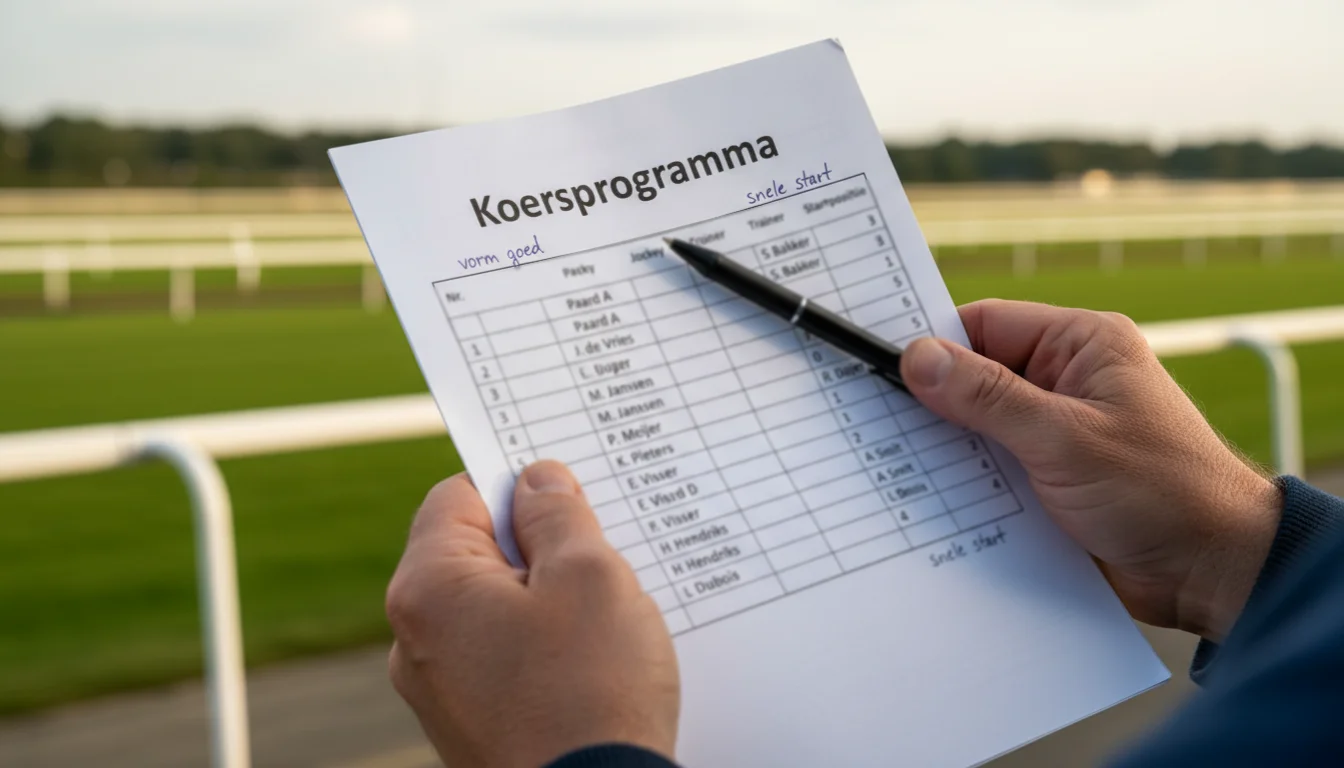 Racecard lezen bij paardenraces — man bestudeert een koersprogramma bij de renbaan