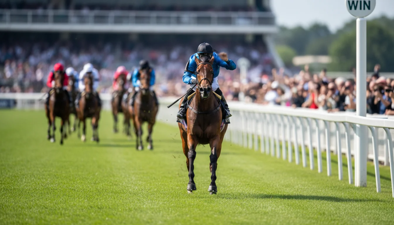 Straight wagers bij paardenraces — jockey op renpaard passeert de tribune