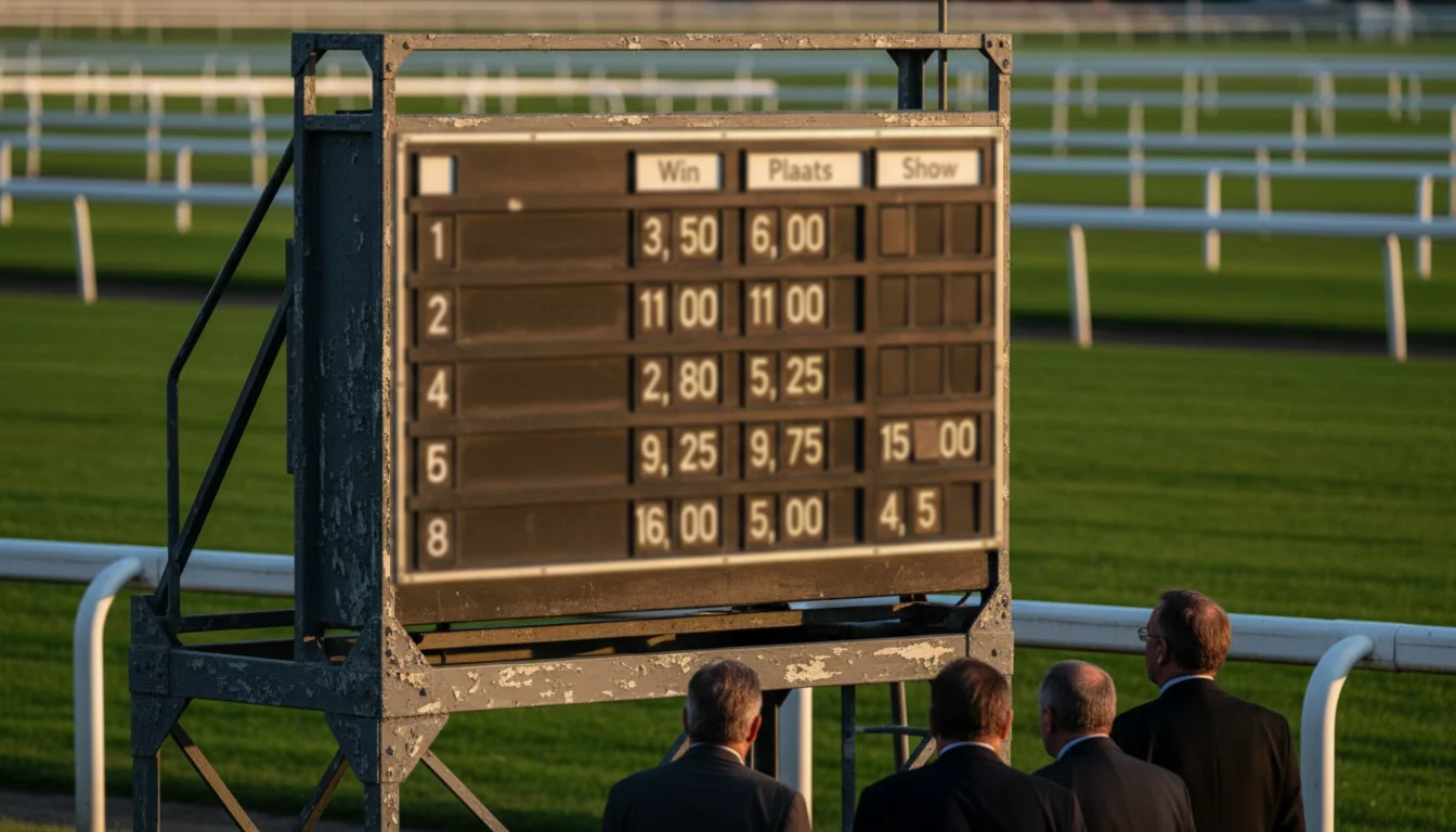 Totalisator versus fixed odds bij paardenrennen — scorebord met quoteringen langs de renbaan