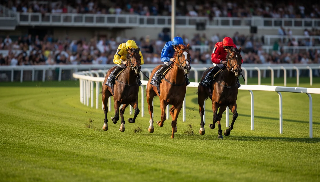 Trifecta weddenschap bij paardenraces — drie paarden strijden om de top drie posities